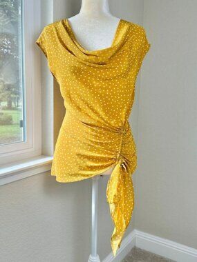 Maeve Anthropologie Polka Dot Top 4 Mustard Cowl Draped Neck Cinched Side Tie